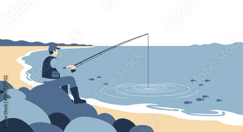 A serene seaside fishing scene illustration capturing the peacefulness and anticipation of the sport with minimalist design and calming colors