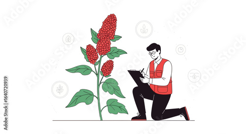 Agricultural Scientist Examining Quinoa Crop Inspecting Plant's Growth With Clipboard