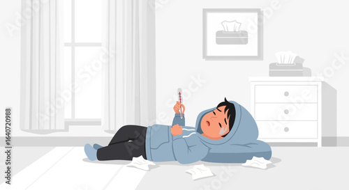 A sick child lies in bed with a thermometer, feeling unwell and needing care and rest for a quick recovery