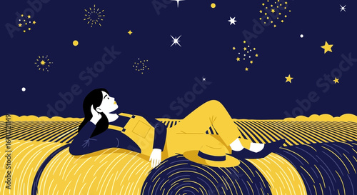 A tranquil night: woman in field watching fireworks under starry sky illustration
