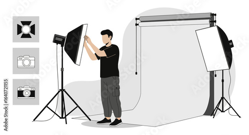 A Vector Illustration of a Photographer Setting Up a Studio Lighting Equipment