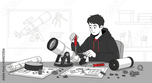 Amateur Astronomer Assembling A Telescope At Home For Exploring Space