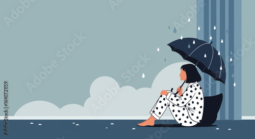 Alone Under Umbrella In Rainy Day Feeling Sad In Loneliness And Depression