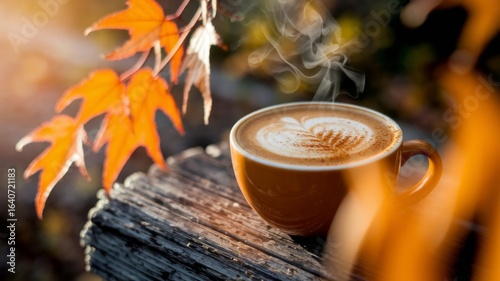 Autumn cup of coffee with leaves