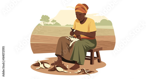 An African Woman Peels Cassava Roots in Rural Setting with Traditional Clothing