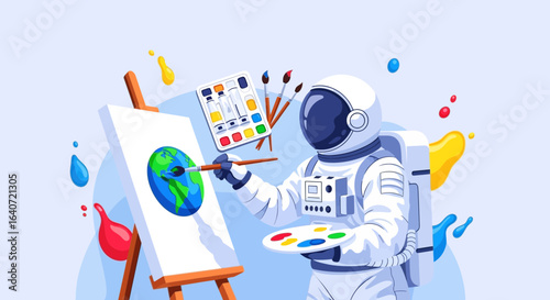 An astronaut paints the earth on a canvas with vibrant colors in space scenery