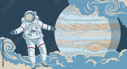 An astronaut standing in front of the planet Jupiter in a surreal atmosphere