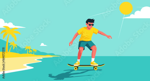 A Vibrant Illustration of a Skateboarder Enjoying a Ride on a Tropical Beach
