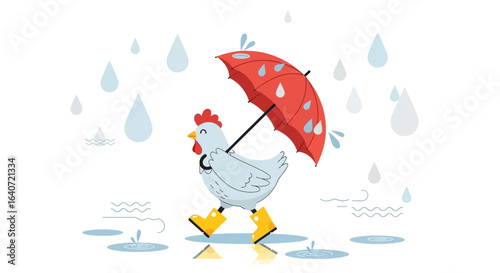 A whimsical depiction of a chicken enjoying a rainy day with an umbrella and boots a charming and playful illustration for children