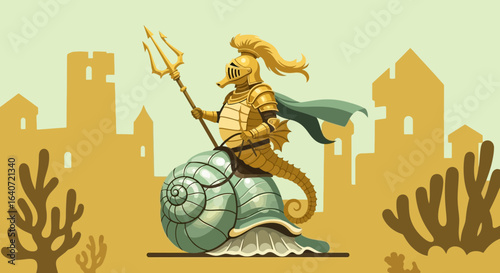 A whimsical depiction of a seahorse knight riding a snail shell in a city background