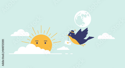 A whimsical illustration of a bird delivering a letter with sun and moon elements