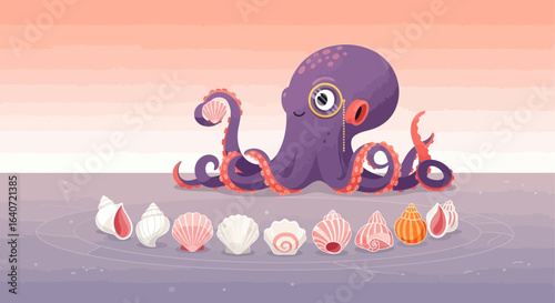 An elegant cartoon octopus with a monocle admiring its seashell collection displays sophistication and charm with ocean backdrop