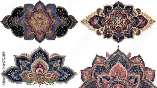 Intricate mandala lotus designs in rich colors with detailed patterns, inspired by traditional Indian and Asian ornamental art for decor and textiles.