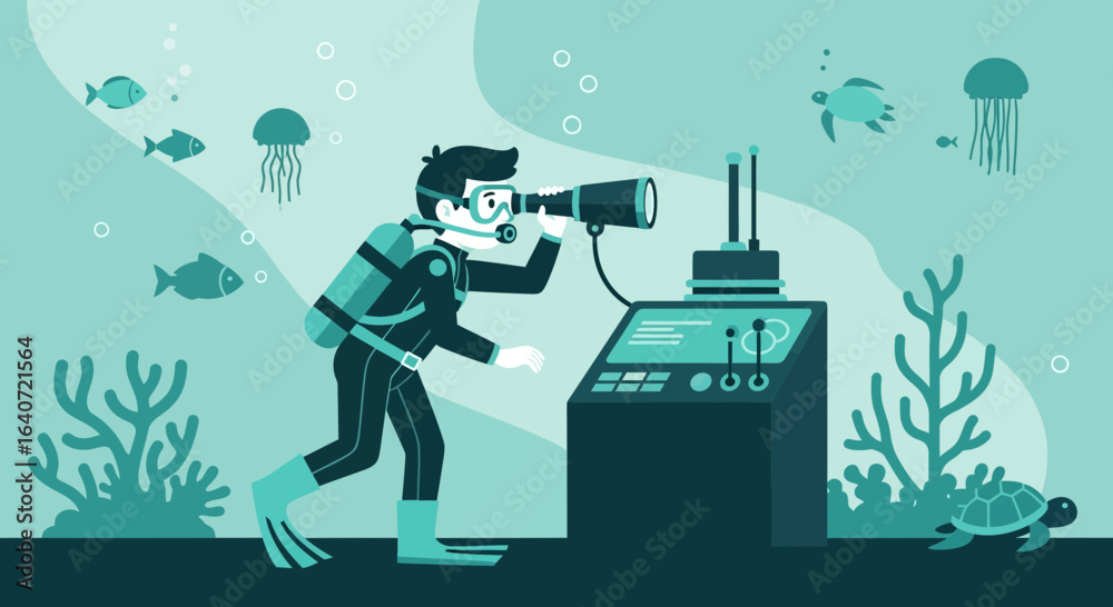 Naklejka premium An underwater explorer using a telescope navigates by a futuristic control panel near coral reefs and diverse marine life