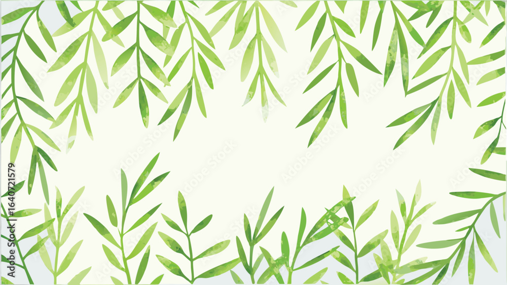 Naklejka premium Watercolor painting of green leaves forming a border around a white space for text or image overlay