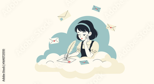 A whimsical illustration of a girl writing a letter with quill in the clouds scene