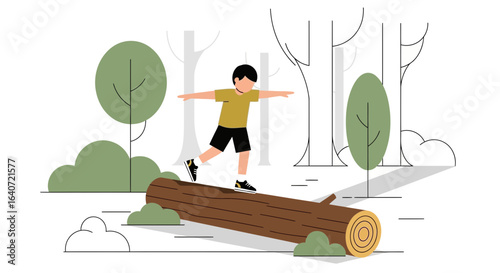 An illustration showing a child balancing on a log in a forest setting offering recreational activity and outdoor play depicting childhood moments