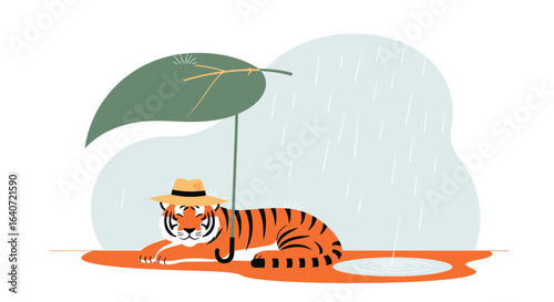 A Whimsical Illustration of a Tiger Wearing a Hat Sheltering from the Rain Under a Leaf