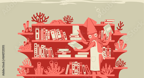 A whimsical illustration of a squid librarian shelving books on a coral reef bookshelf