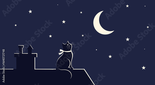 A whimsical vector illustration featuring a cat gazing at the moonlit starry sky night