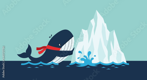 A whimsical whale with a red scarf encounters a majestic iceberg in the ocean landscape