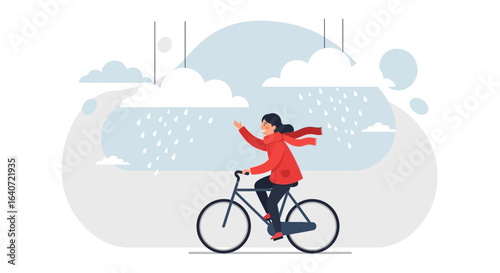 A woman enjoys a bike ride in the rain, showcasing resilience and joy in adverse weather with bright colors