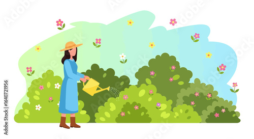 A woman happily waters flowers in her garden on a sunny day illustration