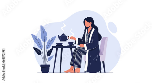 A woman in her pajamas enjoys a peaceful moment with a cup of tea at home reading a book