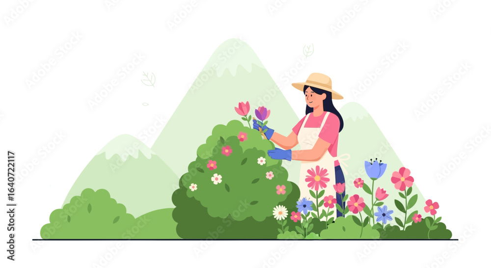 Fototapeta premium A woman wearing a hat tending to blooming flowers in her garden with mountains behind her in spring season vector illustration