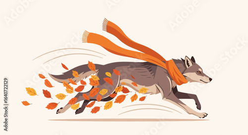 Animated autumn illustration with a running wolf wearing an orange scarf among falling leaves perfect for seasonal graphic projects