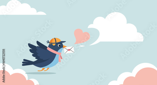 Animated Bird Delivering Love Letter In A Cloudy Sky Valentine Message Concept