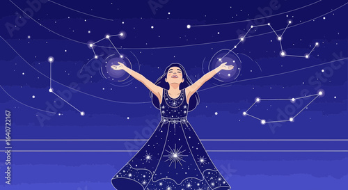 A woman with open arms under a night sky filled with constellations represents dreams and destiny
