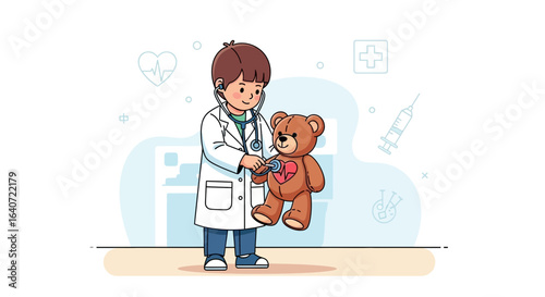 A young aspiring doctor examining his teddy bear with a stethoscope in a playful setting