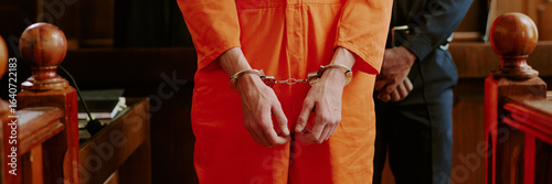 Bild auf Leinwand Caucasian young adult man standing in courtroom wearing handcuffs with hands in