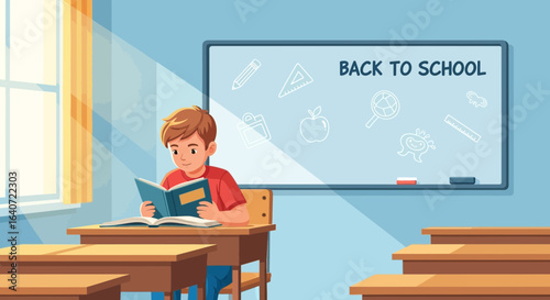 Animated illustration of a boy reading a book in classroom during school time