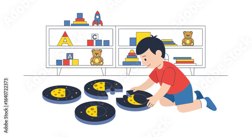 A young boy plays with a moon phase puzzle, surrounded by educational toys and books, learning about astronomy and space