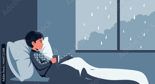 A young boy watching the rain while drinking warm beverage in bed feeling cozy