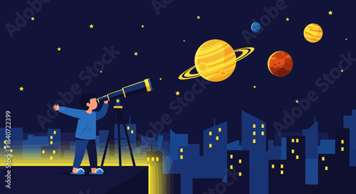 A young boy uses a telescope to explore planets and the night sky in the city