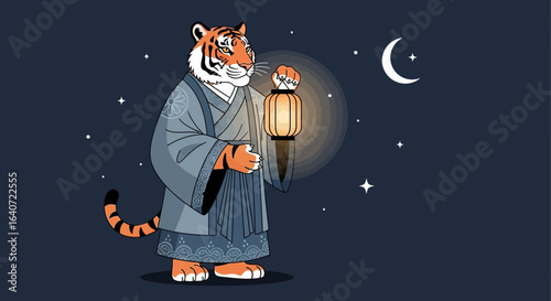 Anthropomorphic Tiger Walks with Glowing Lantern Beneath a Starry Moonlit Sky
