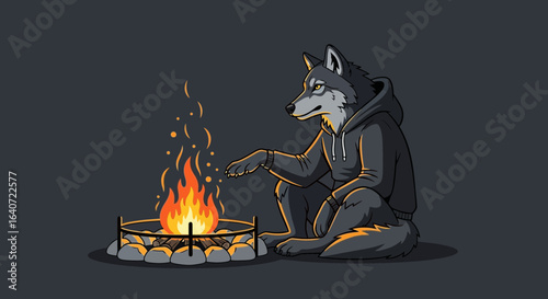 Anthropomorphic wolf warms himself by a cozy campfire creating a serene scene