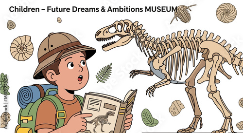 A young explorer fascinated by dinosaur skeletons in museum of paleontology and archeology offering educational experiences for children and families