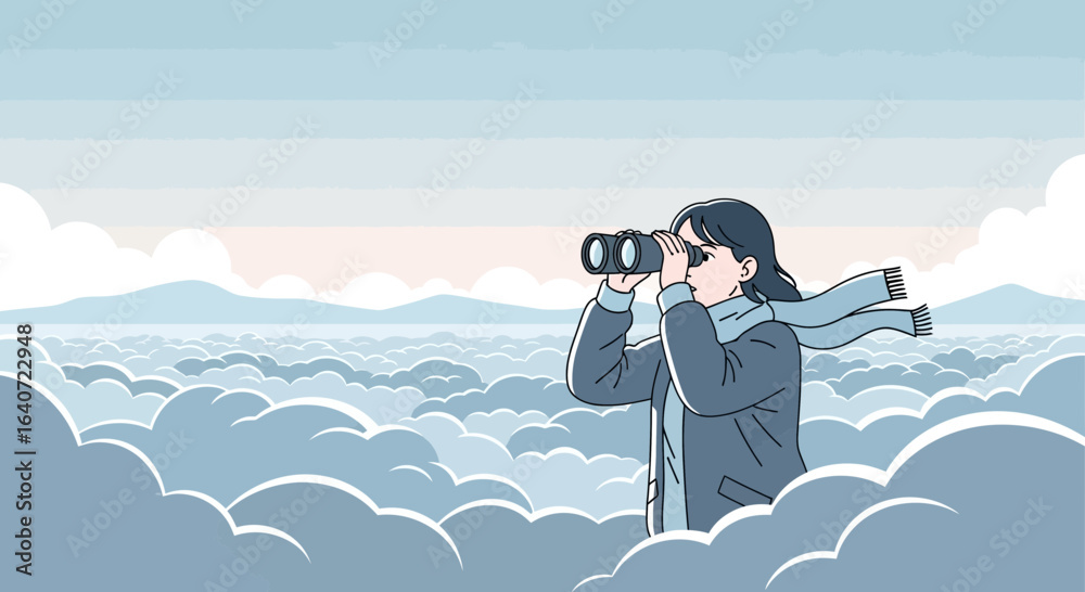 Obraz premium A young woman with binoculars searches for opportunities through the clouds against sky and mountain landscape illustration