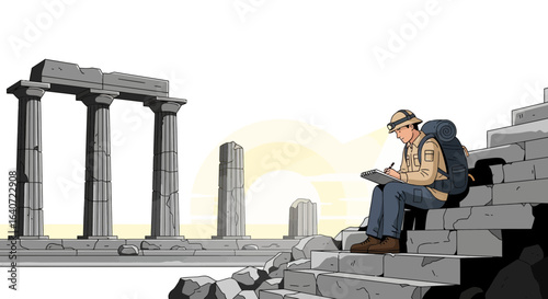 Archaeologist documenting ruins illustration captures the essence of exploration and historical preservation through detailed art