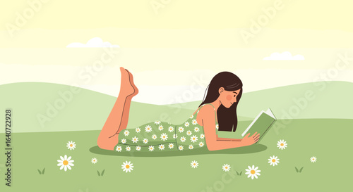 A young woman reading book lying on a grass field surrounded by flowers with a peaceful and relaxing ambience