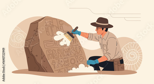 Archeologist Carefully Cleans Ancient Hieroglyphs Carved on Stone Slab in Desert