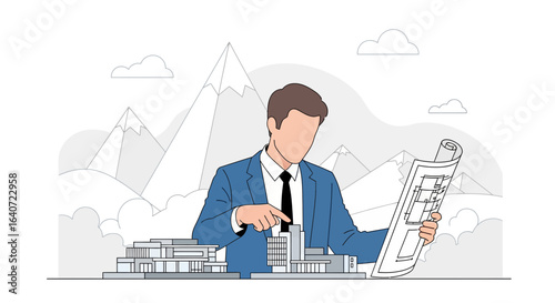 Architect reviewing blueprints and pointing at a building model illustration