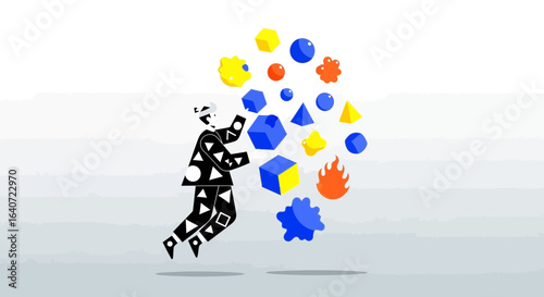 Abstract Figure Manipulating Geometric Shapes in a Colorful Illustration Style
