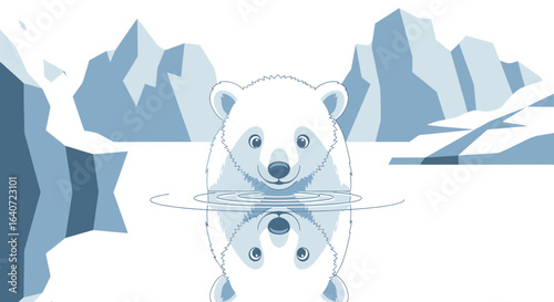 Arctic Encounter Cute Polar Bear Cub Reflections in Frigid Waters