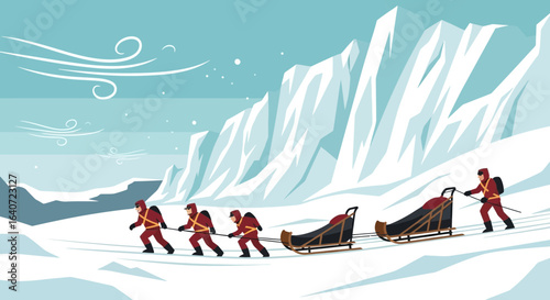 Arctic Expedition Team Members Pulling Sleds Across Frozen Landscape