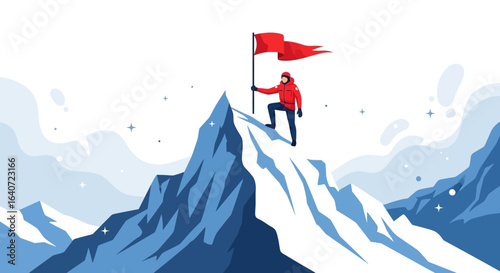 Achieving Goals Reach Top Mountain With Flag Business Vector Illustration